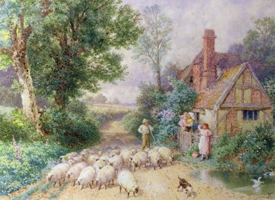 Herder en zijn kudde die langs een landhuis passeren door Myles Birket Foster